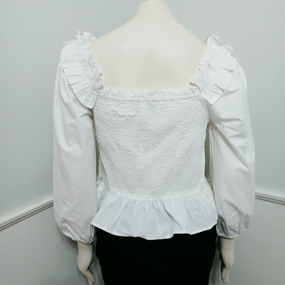 The Drop White Smocked Ruffle Puff Sleeve Peplum Top Square Neck Blouse XL - Picture 4 of 6
